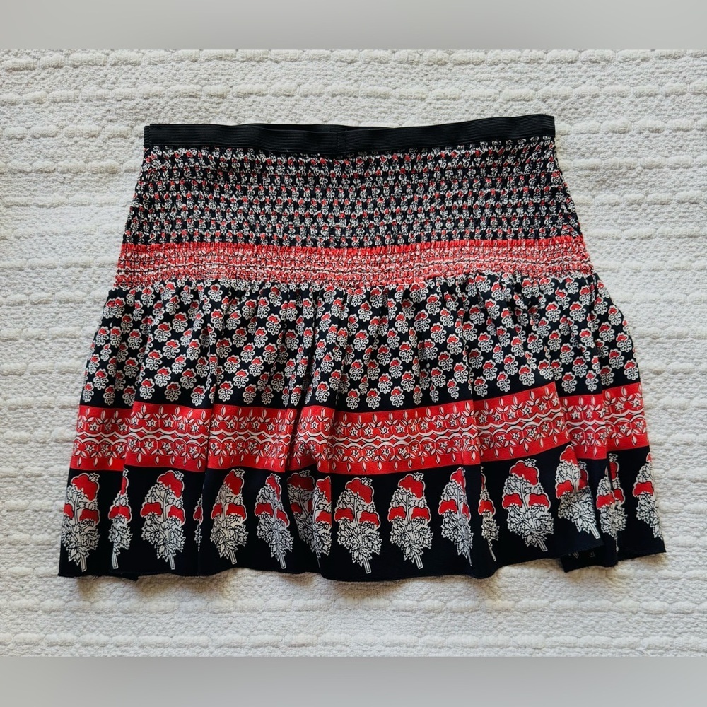 Ulla Johnson Silk Smocked Black and Red floral paisley print mini skirt sz m